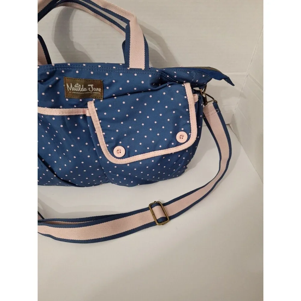 Matilda Jane The Essentials Diaper Bag Tote Navy Pink Polka Dot Travel Baby